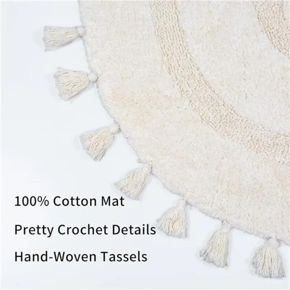Half Circle Boho Bathroom Rugs with Tassels 100% Cotton Hand-Woven Bath Mat